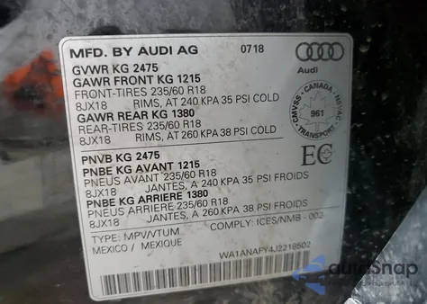 2018 Audi Q5 Premium z USA, uszkodzony, nr VIN WA1ANAFY4J2218502